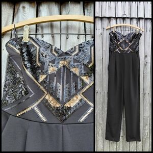 Express black & gold geometric sequin top baggy pants 90s jumpsuit Womens 6